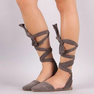 Bamboo Taupe Sequel Faux Suede Pointed Toe Lace Up Flat 7